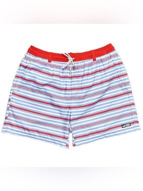 Southern Marsh Red & Light Blue Striped Youth Swim Trunks